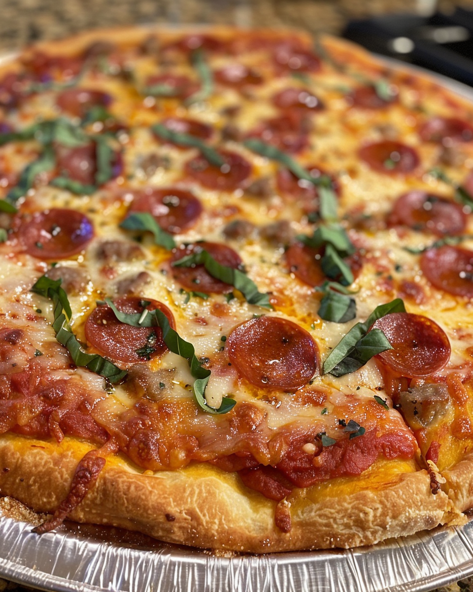 Cheesy hamburger, sausage, and pepperoni pie fresh out of the pressure cooker