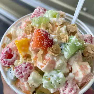Hawaiian Cheesecake Salad taken with iphone 15 pro max --iw 2 --ar 4:5 --v 6.0 --raw