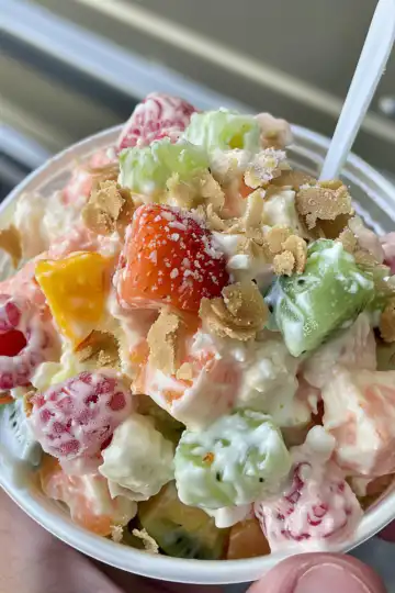 Hawaiian Cheesecake Salad taken with iphone 15 pro max --iw 2 --ar 4:5 --v 6.0 --raw