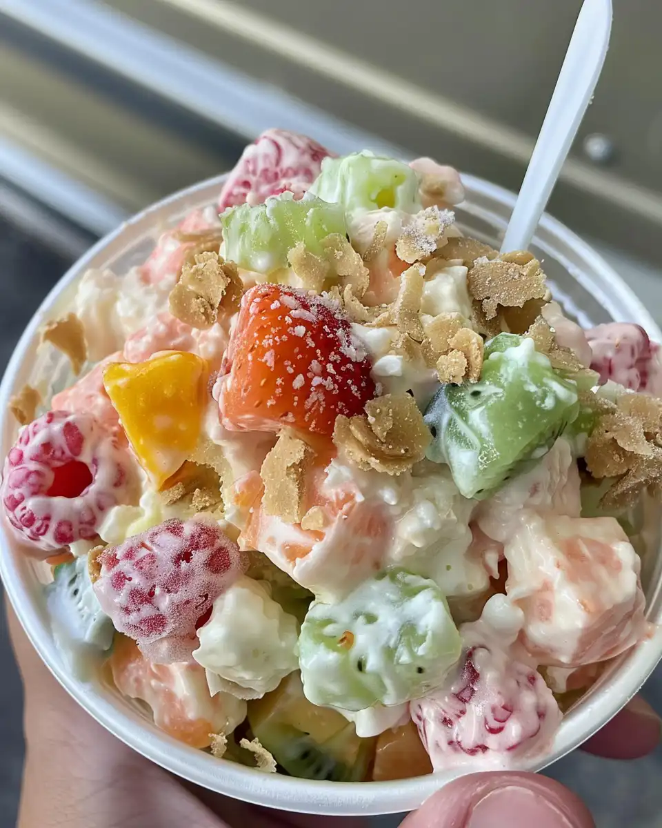 Freshly made Hawaiian cheesecake fruit salad in pressure cooker
