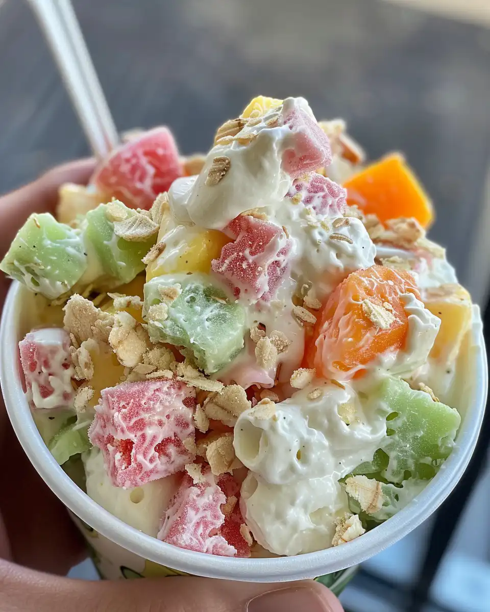 Finished Hawaiian cheesecake fruit salad served in a bowl