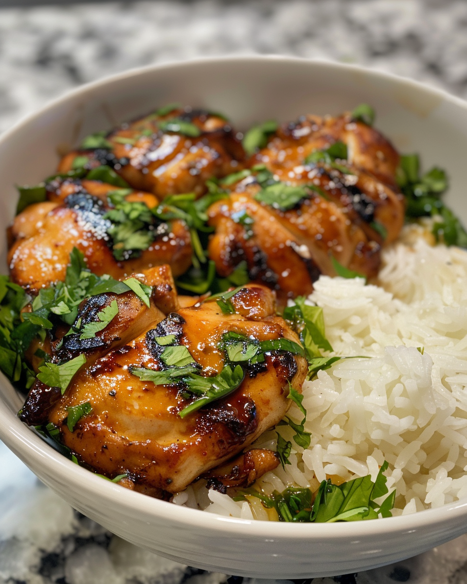 Ingredients for Hawaiian chicken with coconut rice including chicken thighs and fresh herbs