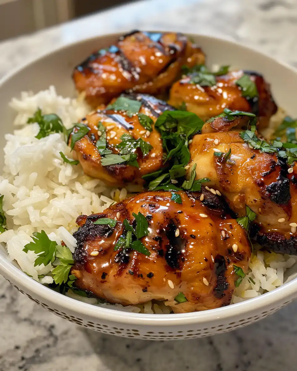 Finished Hawaiian chicken with coconut rice served on plate with garnishes