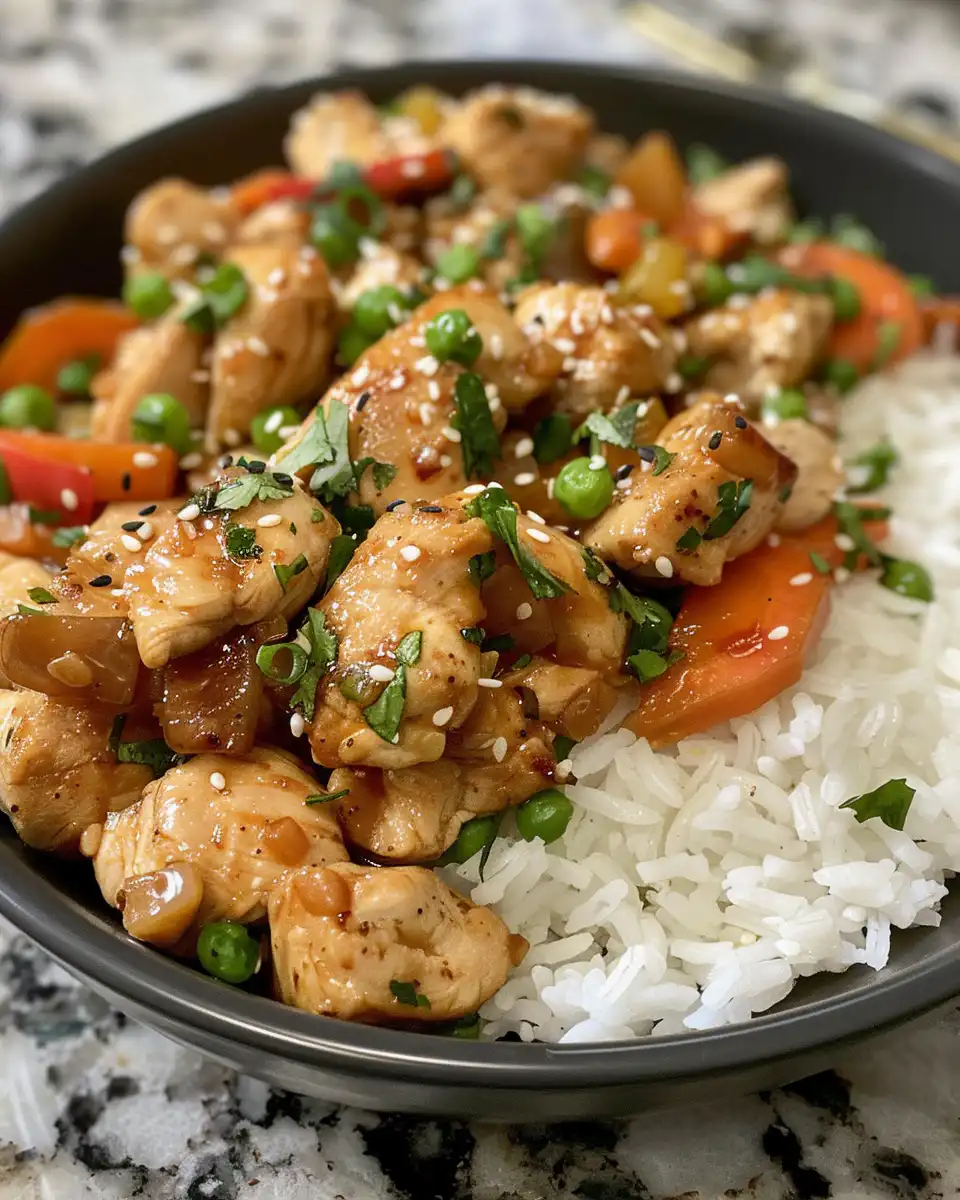 Final plated Hawaiian chicken with coconut rice served