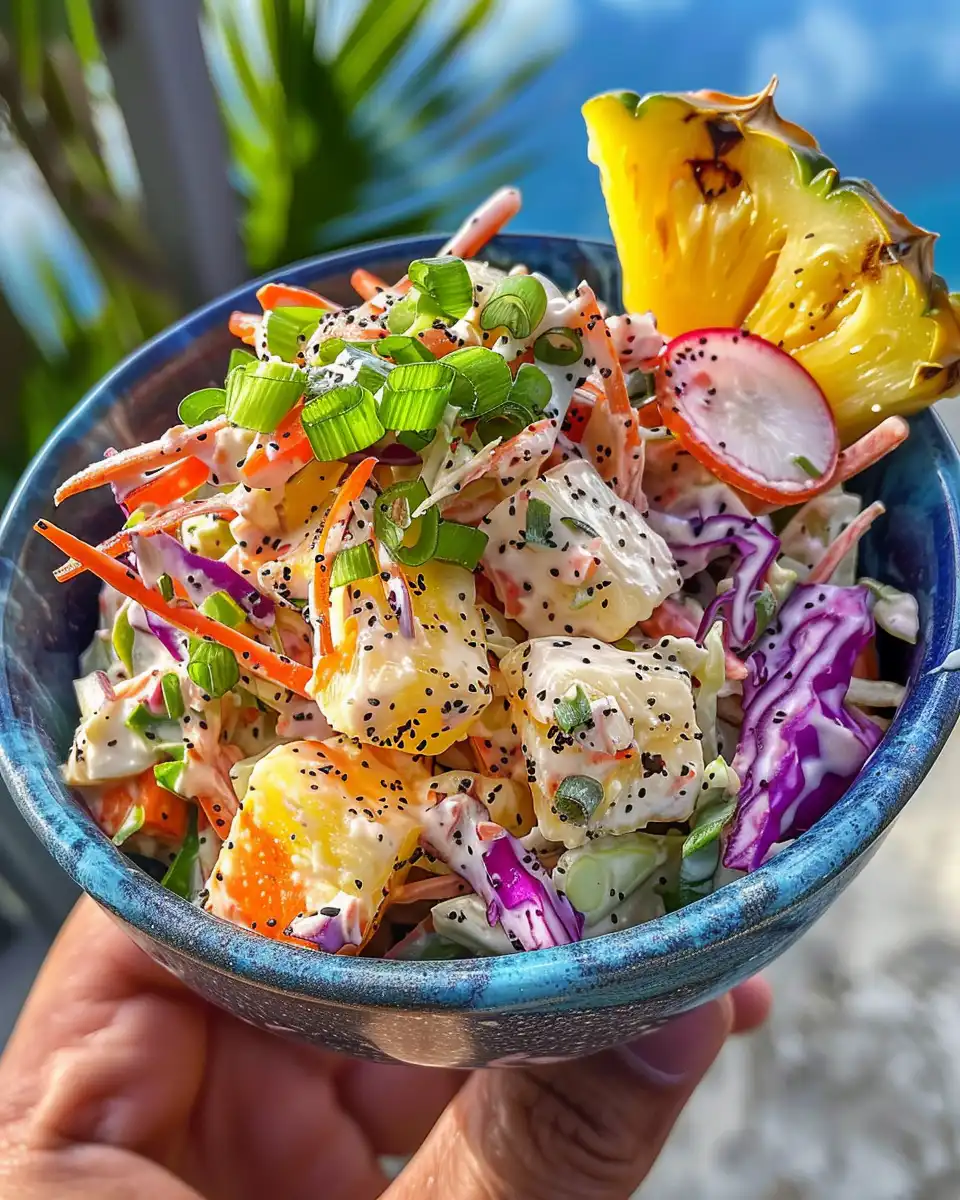Serving bowl of fresh Hawaiian pineapple coleslaw ready to eat