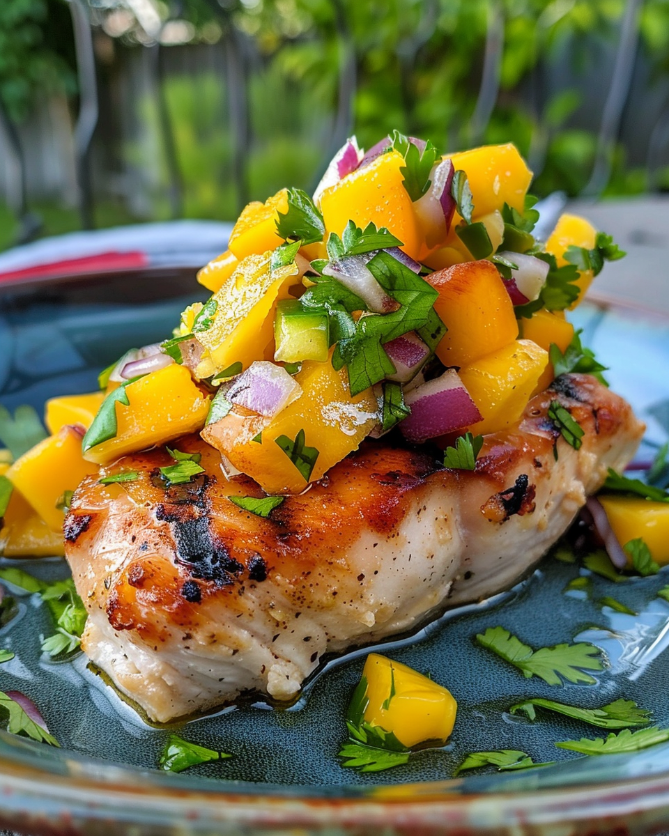 Sliced honey lime chicken served with mango salsa on white plate