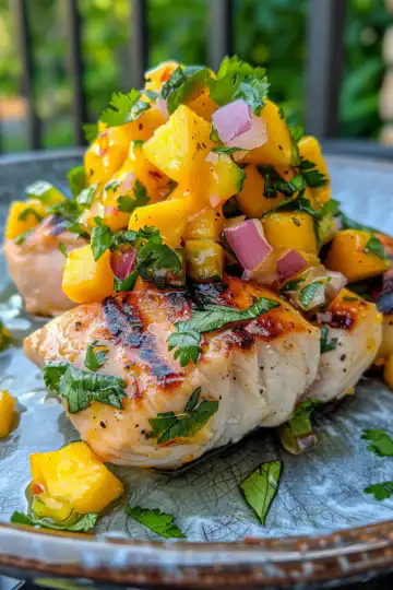 Healthy Honey Lime Chicken with Mango Salsa taken with iphone 15 pro max --iw 2 --ar 4:5 --v 6.0 --raw