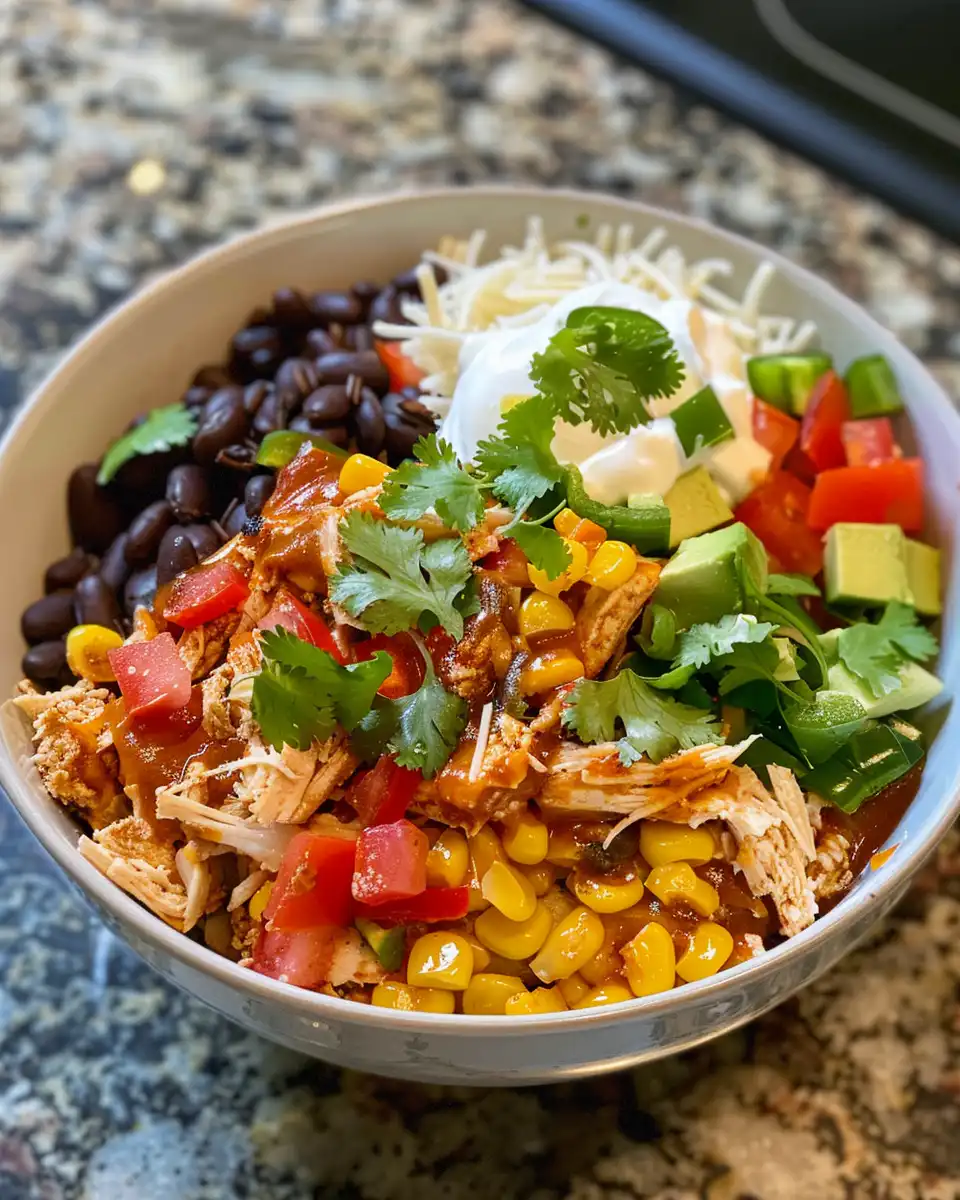 Steaming high protein chicken enchilada bowls fresh from pressure cooker