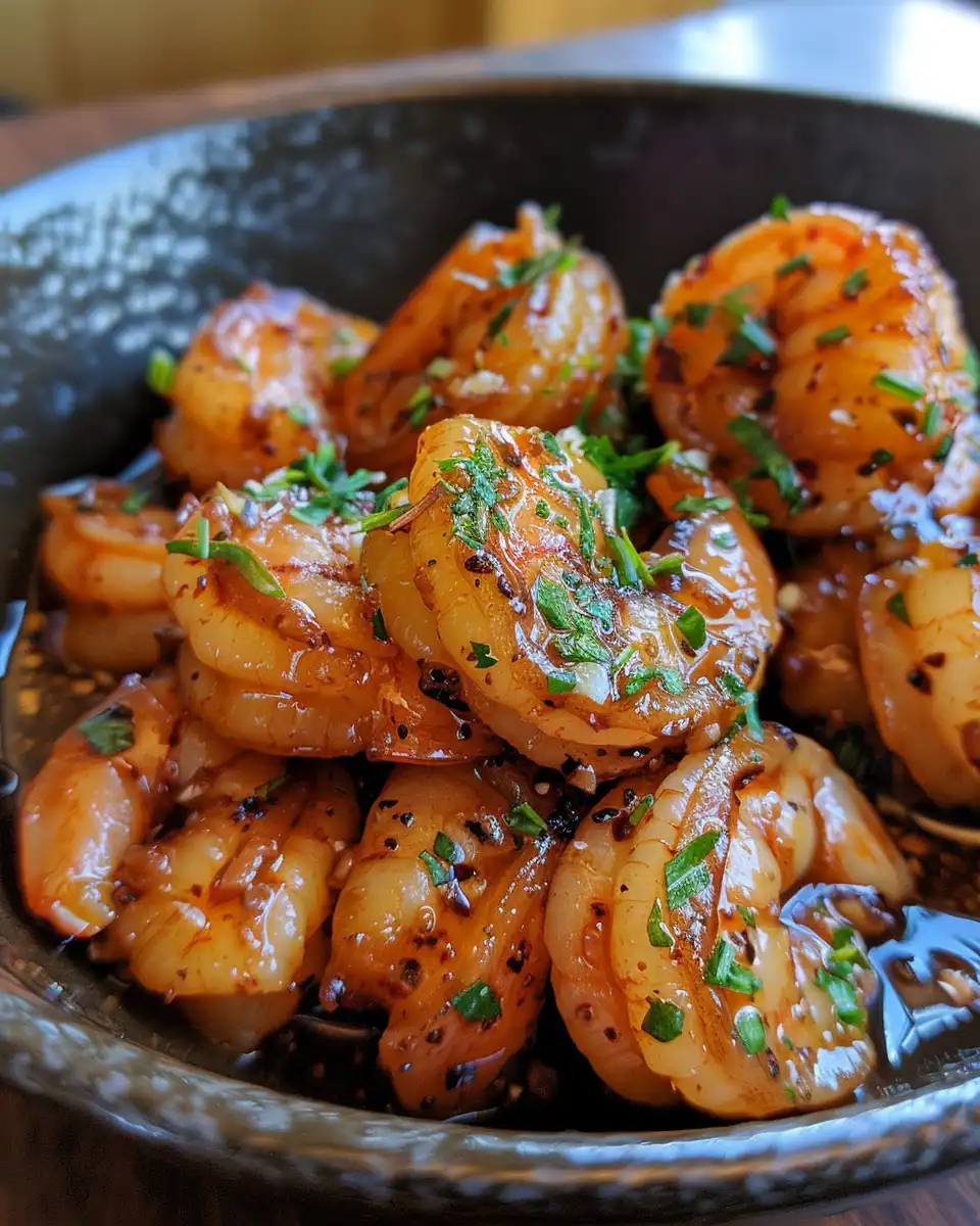 Finished honey garlic shrimp served with chopped green onions