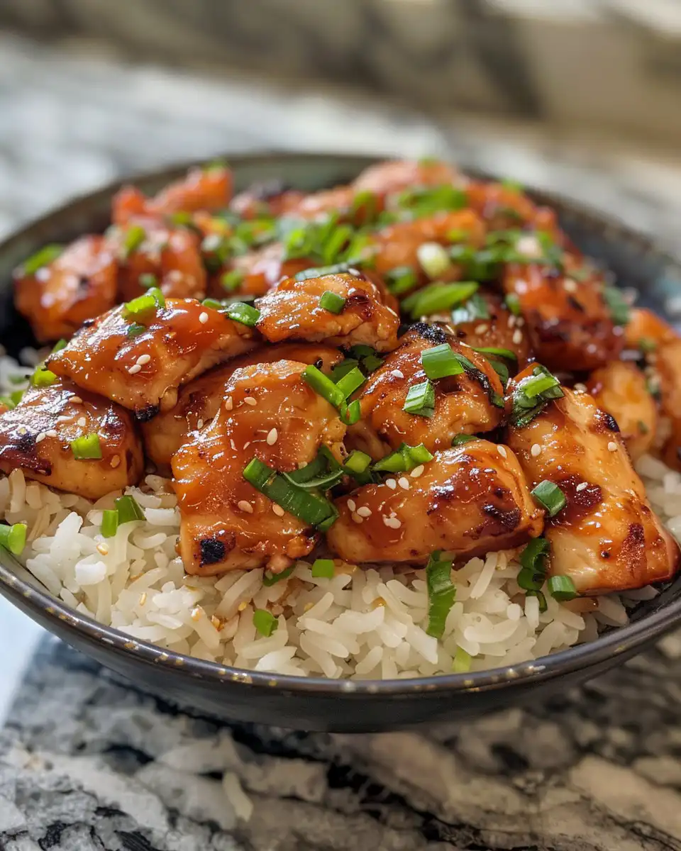 Honey BBQ chicken bowl with juicy shredded chicken and rice