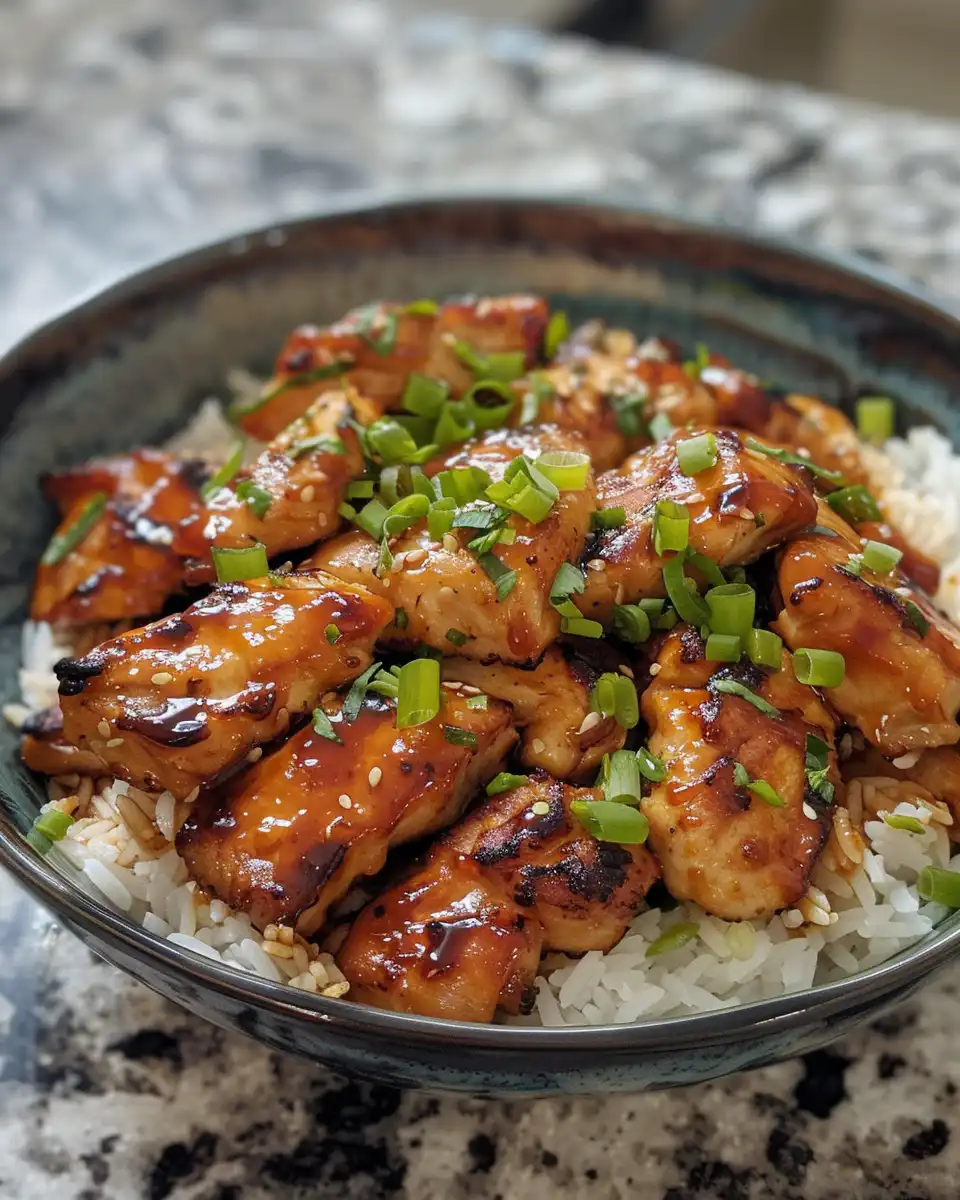 Served honey BBQ chicken bowl with colorful toppings