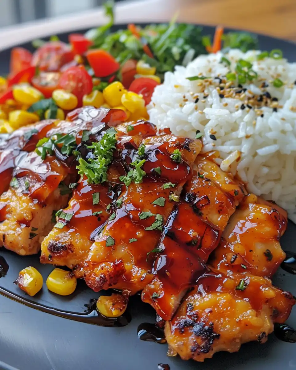Served honey BBQ chicken rice bowl with fresh toppings and cheese