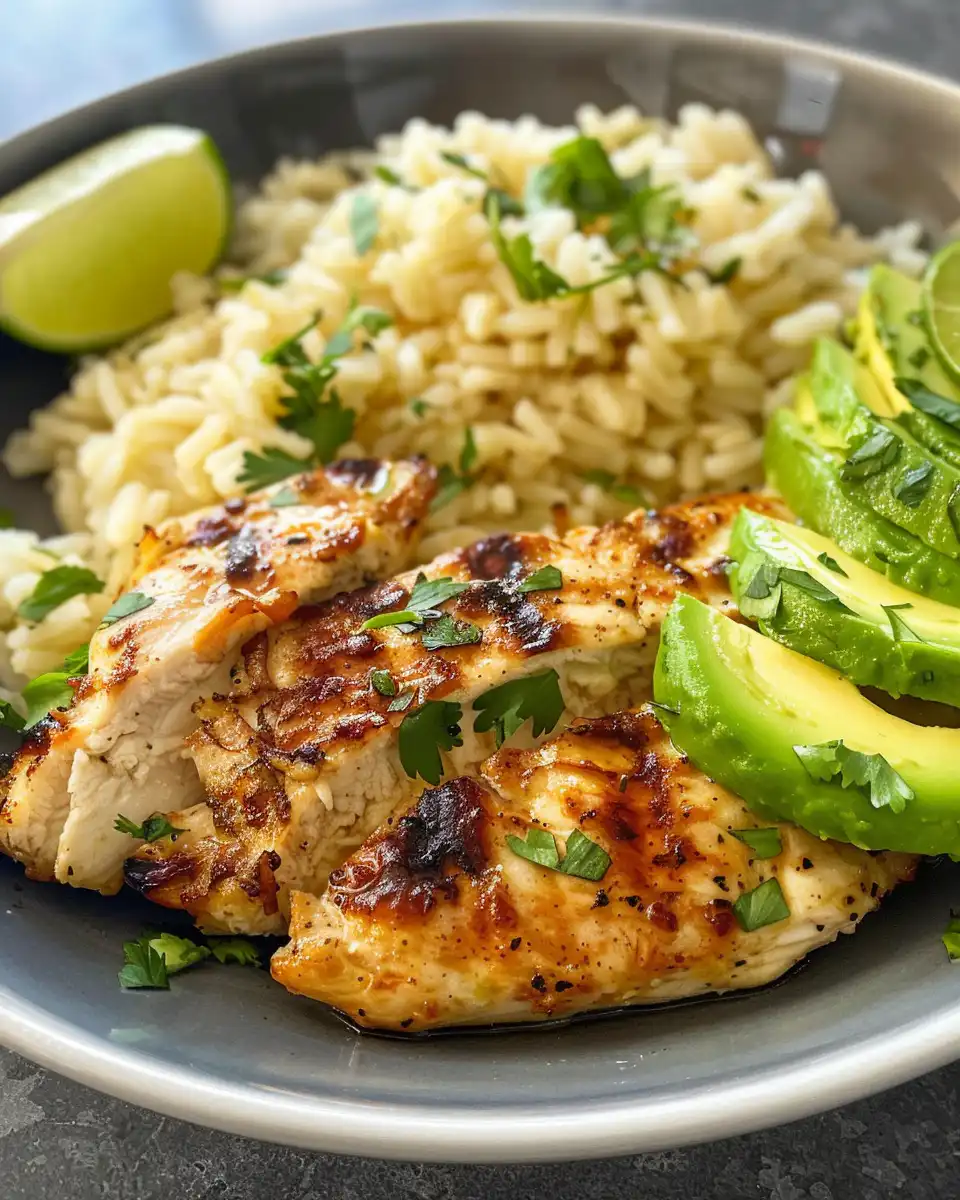 Grilled honey lime chicken served with rice and fresh toppings