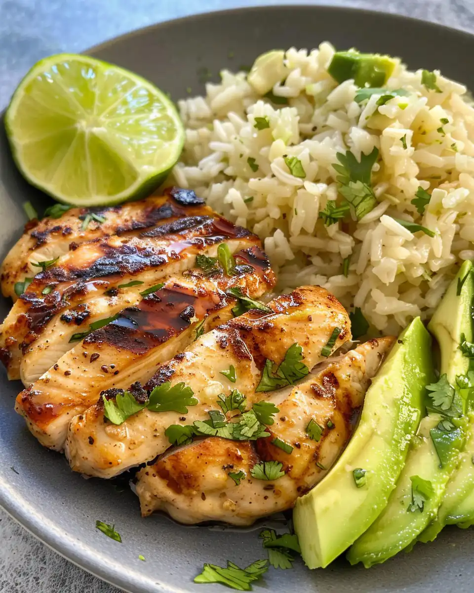 Honey lime chicken with avocado rice in bowl steaming fresh