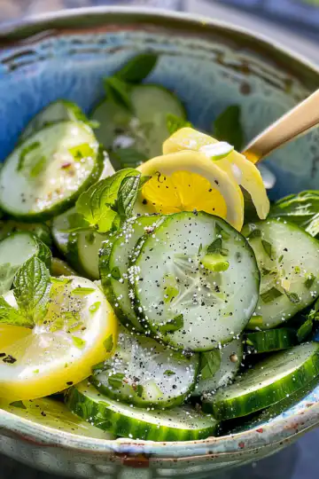 Honey Lime Cucumber Salad taken with iphone 15 pro max --iw 2 --ar 4:5 --v 6.0 --raw