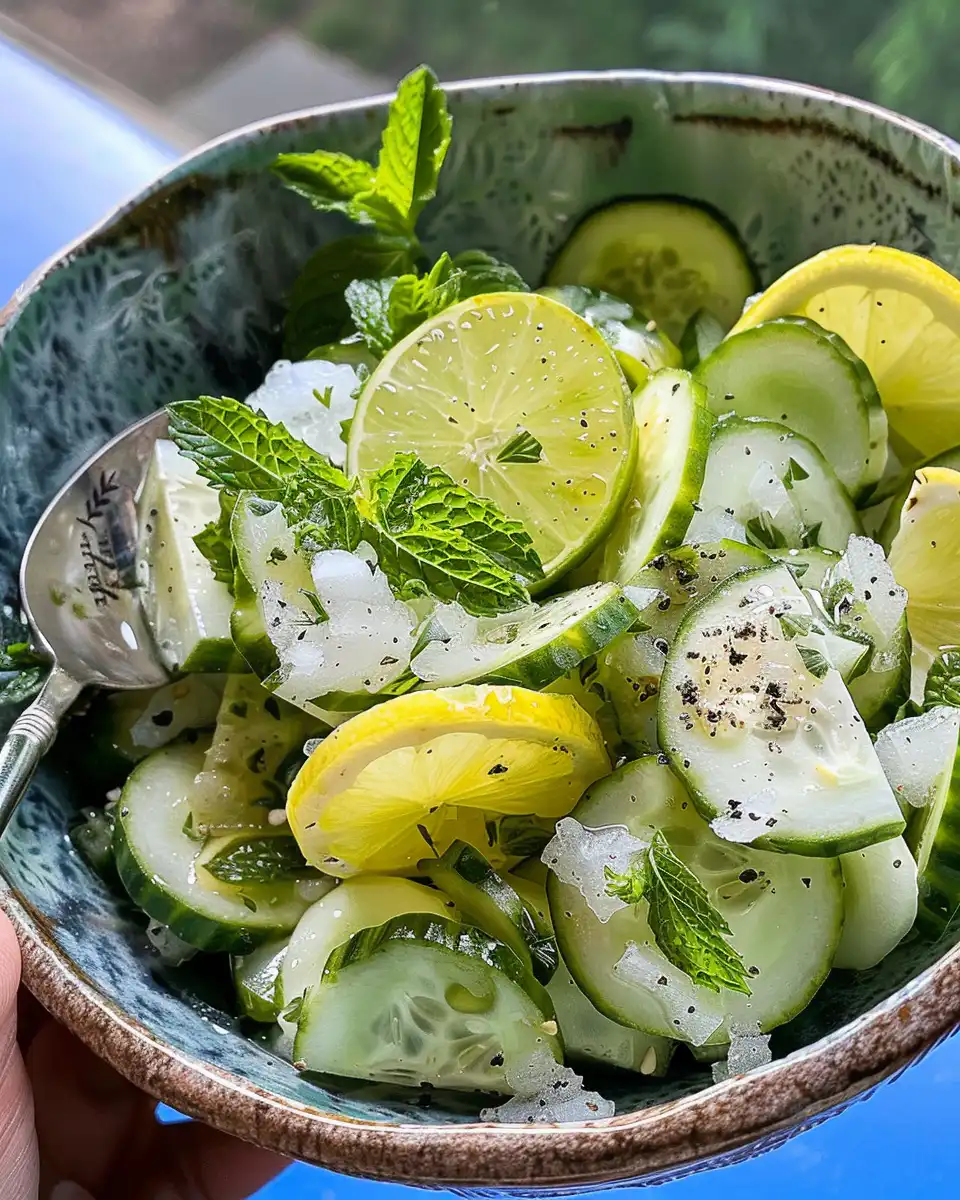Honey-lime cucumber salad served in a bowl with fresh mint garnish
