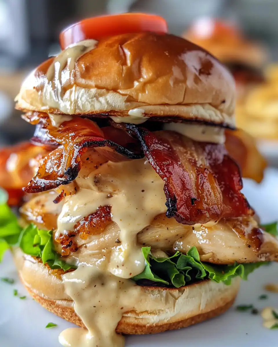 Ingredients for honey mustard BLT chicken sliders including buns, cheese, bacon, chicken, avocado, tomatoes, and sauce