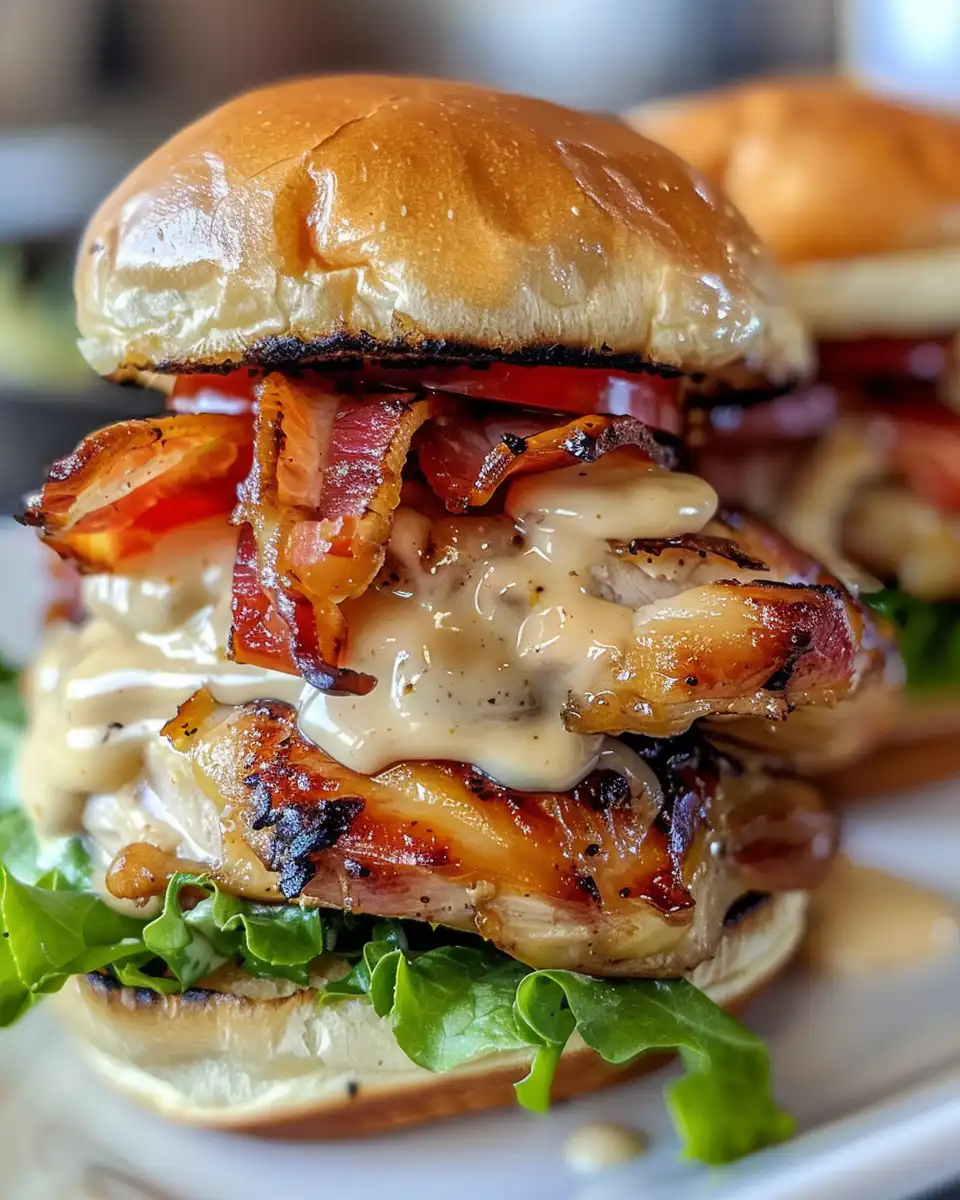 Finished honey mustard BLT chicken sliders baking in the oven, golden and melted cheese