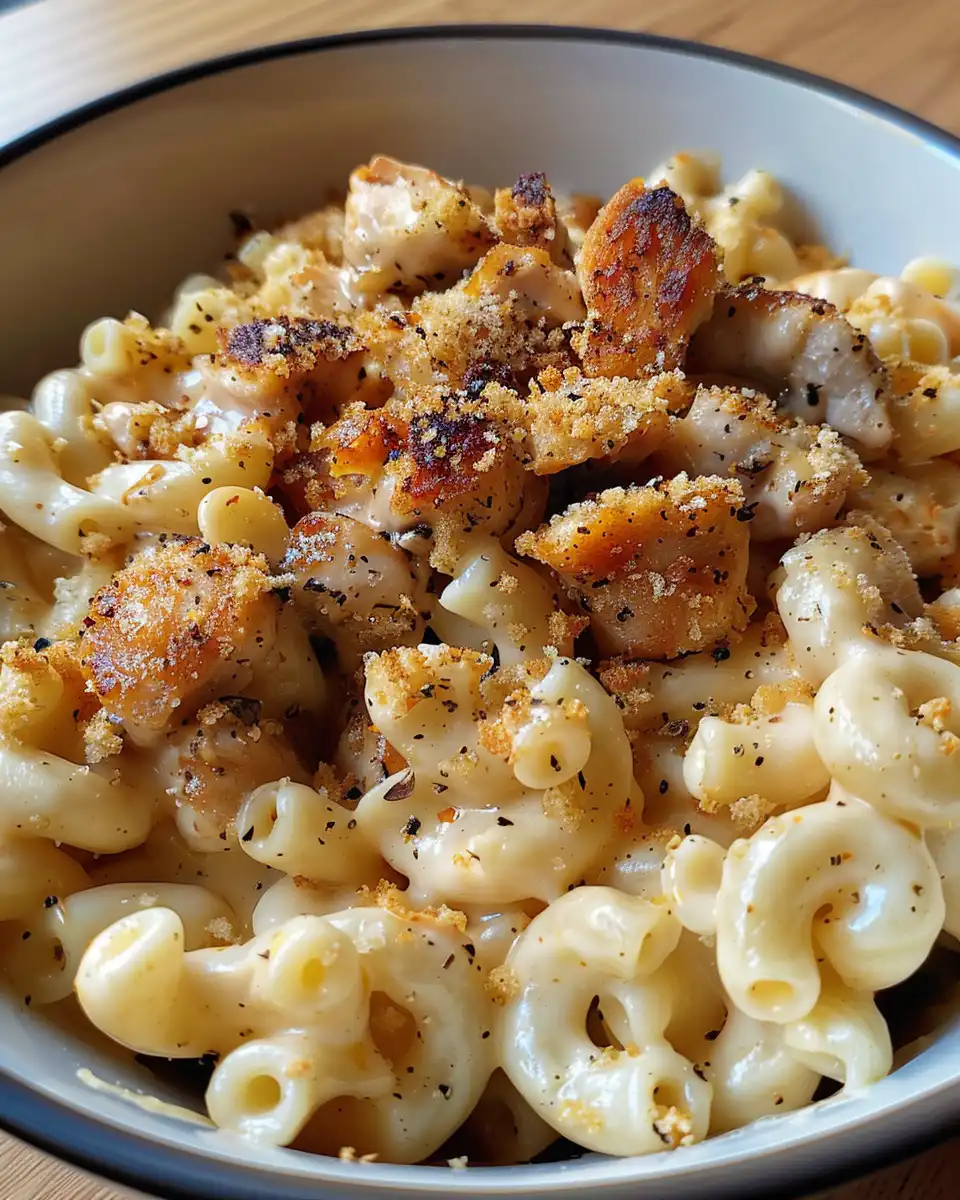 Serving honey pepper chicken mac and cheese topped with bacon and basil
