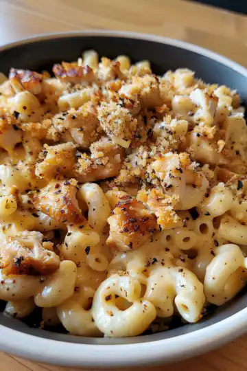 Honey Pepper Chicken Mac and Cheese taken with iphone 15 pro max --iw 2 --ar 4:5 --v 6.0 --raw