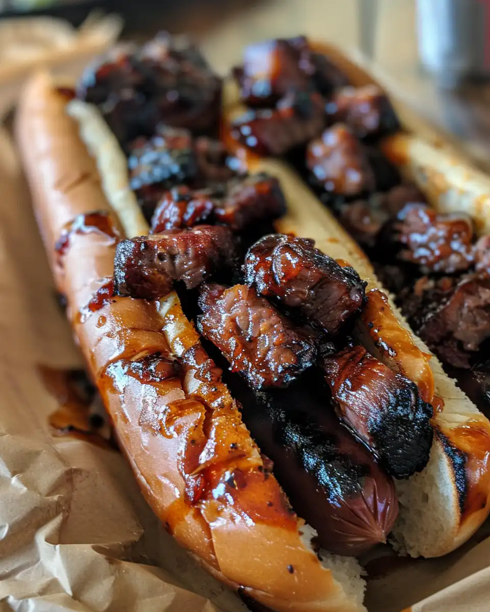 Ingredients for hot dog burnt ends including mustard, brown sugar, and BBQ sauces