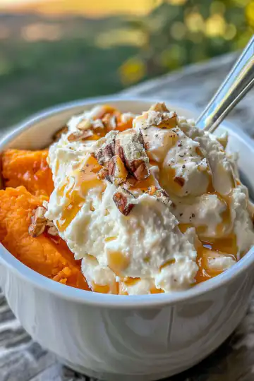 Hot Honey Cottage Cheese Sweet Potato taken with iphone 15 pro max --iw 2 --ar 4:5 --v 6.0 --raw