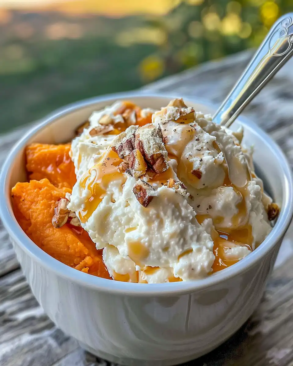 Pressure cooker with sweet potato, cottage cheese, and hot honey in bowl