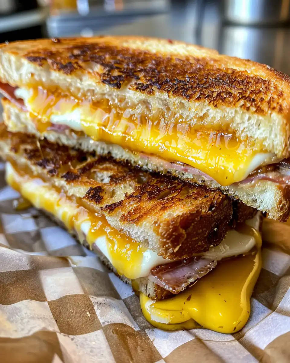 Finished hot honey grilled cheese sandwich sliced and ready to serve
