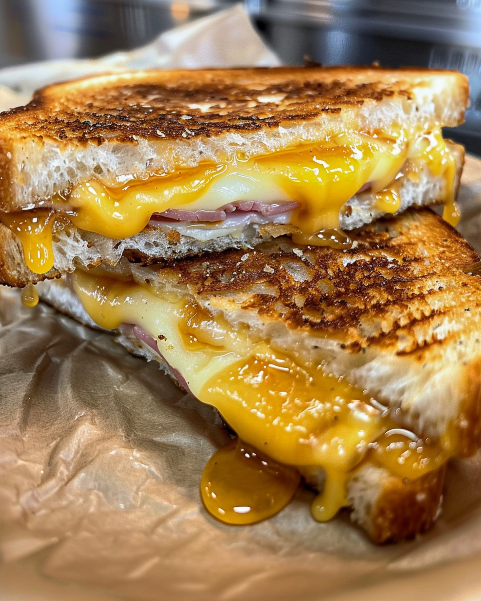 Close-up of hot honey grilled cheese sandwich with melted cheddar on sourdough bread