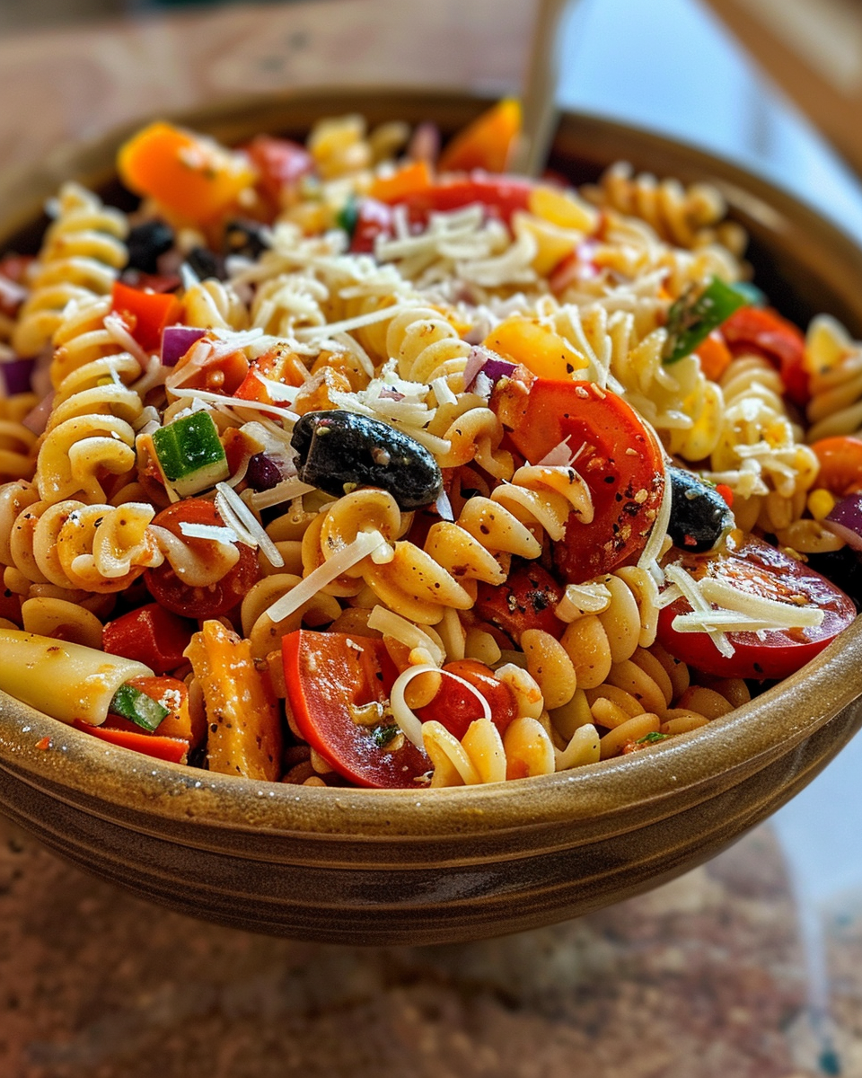Italian grinder pasta salad in pressure cooker with fresh ingredients