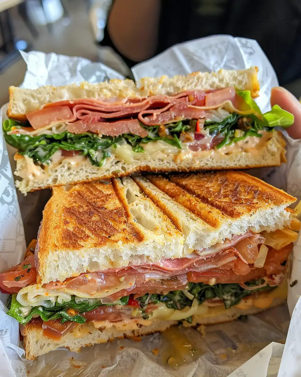 Finished Italian Grinder sandwich layered and sliced showing fresh ingredients and meats