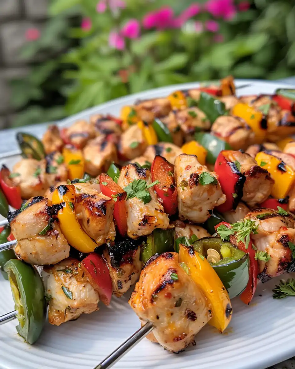 Chicken skewers glazed with spicy peach jam finishing on the grill