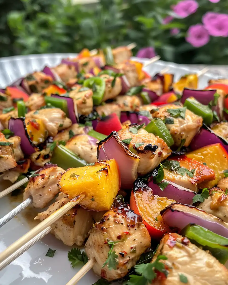 Jalapeño peach chicken skewers sizzling with steam