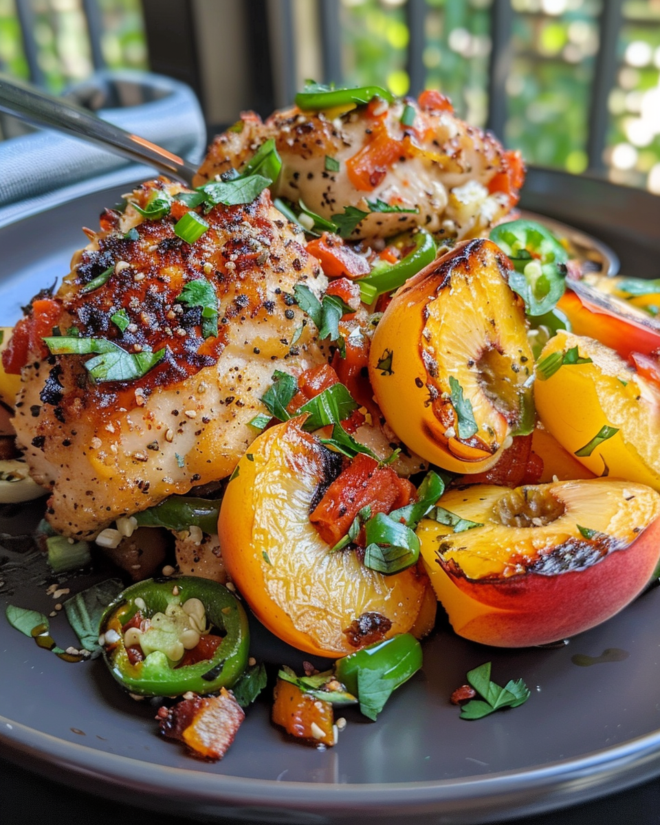 Sliced grilled jalapeno peach chicken plated with sauce
