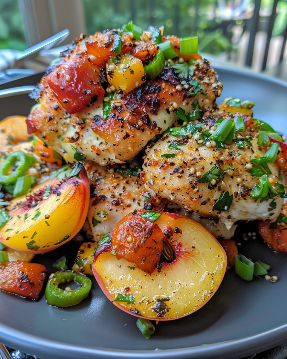 Close-up of grilled jalapeño peach chicken cooking