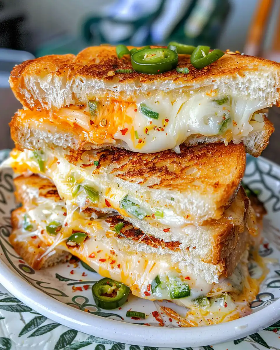 Perfectly cooked jalapeo popper grilled cheese sandwich cut in half