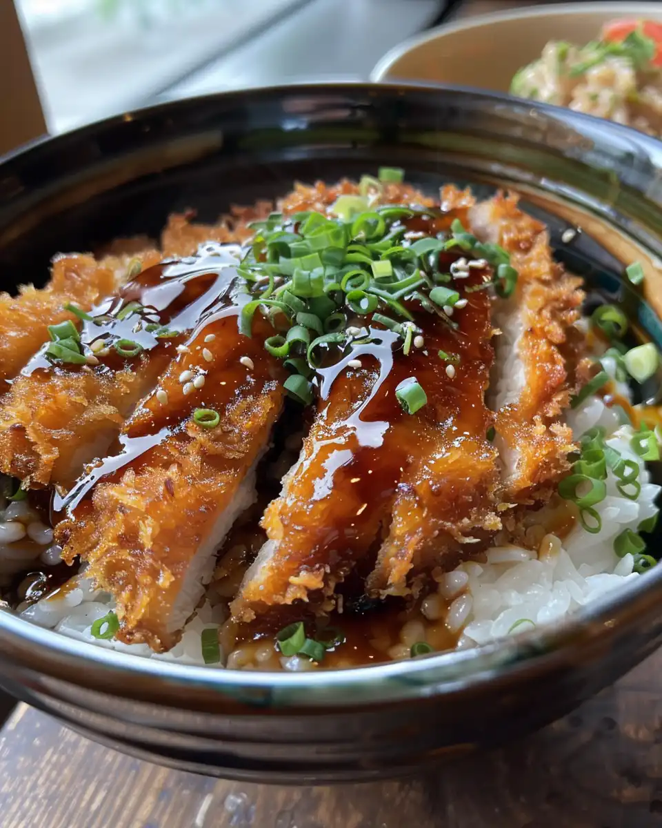 Close-up of finished chicken katsu bowl with avocado, cucumber, and sesame seeds