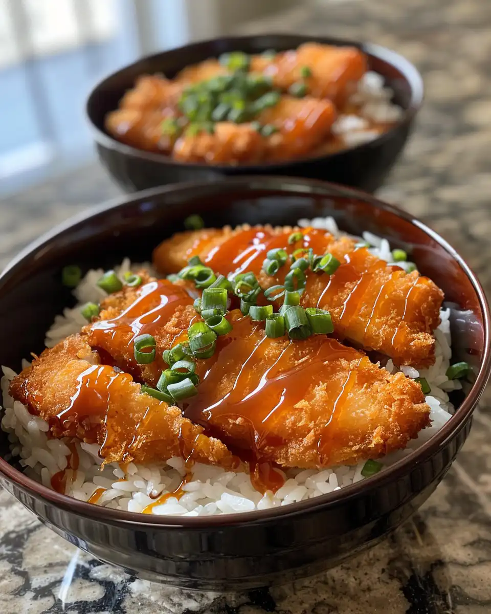 Steaming Japanese katsu bowls with tonkatsu sauce