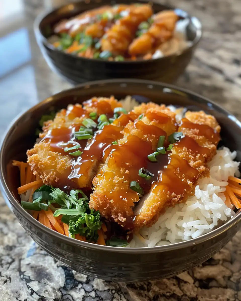 Sliced crispy chicken katsu on rice with sauce drizzle