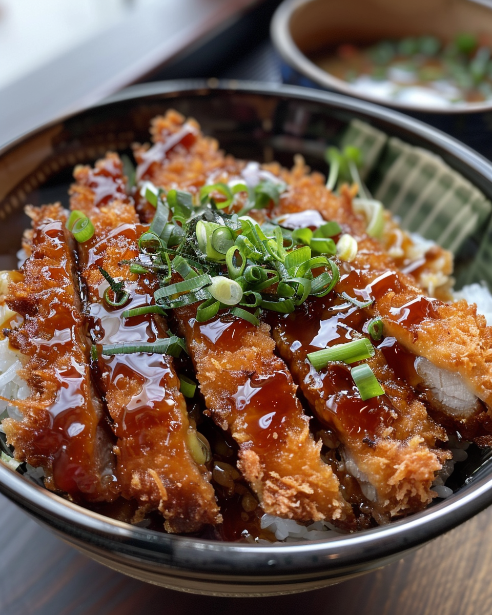 Japanese chicken katsu bowl with tonkatsu sauce, freshly served