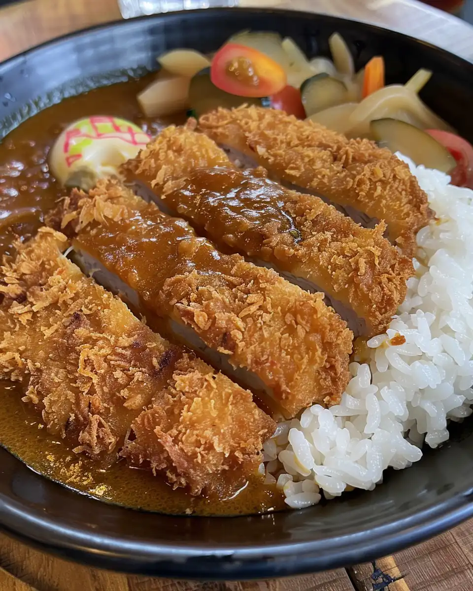 Close-up of finished pork katsu curry on rice with carrots and potatoes