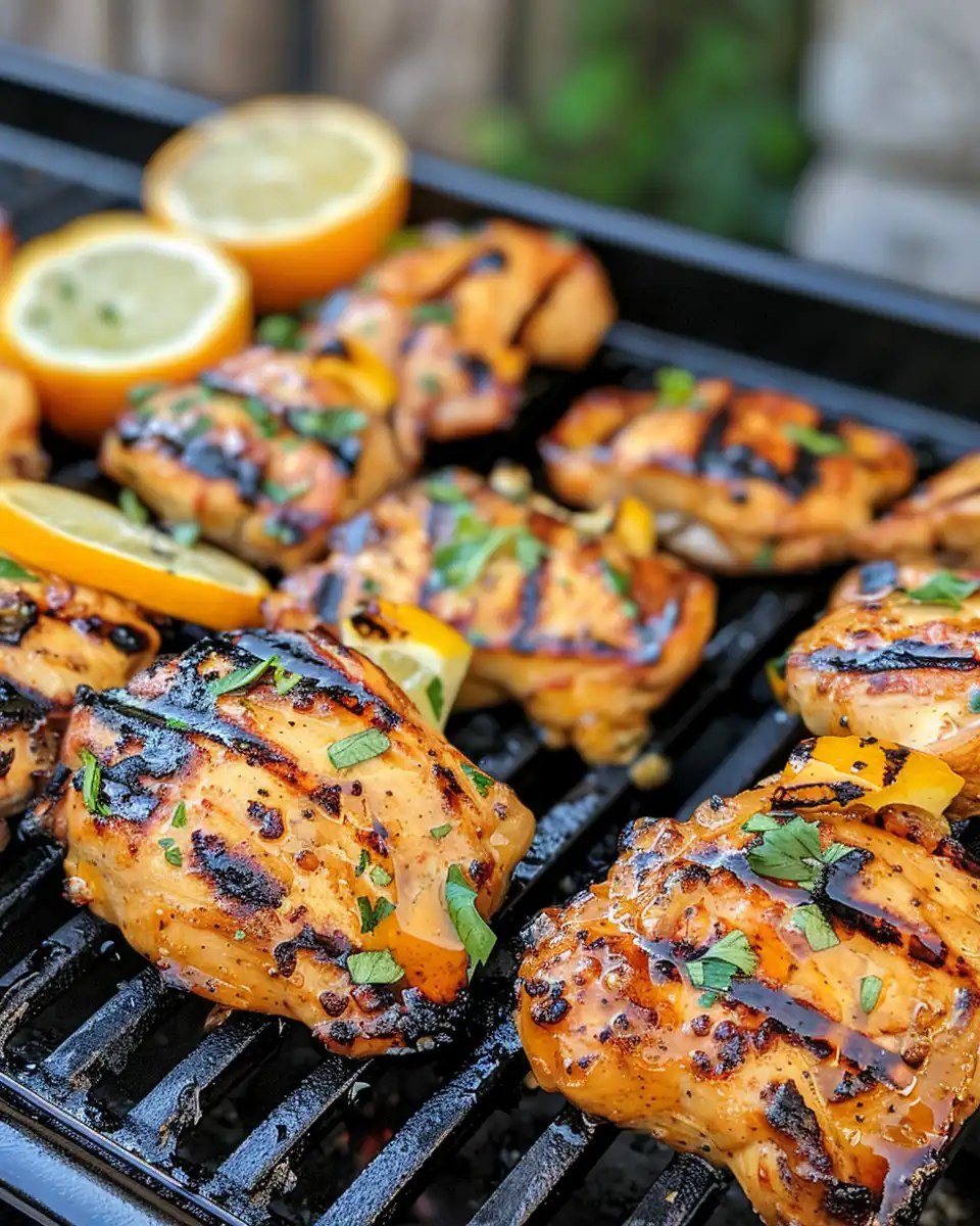 Grilled chicken skewers with char marks ready to eat