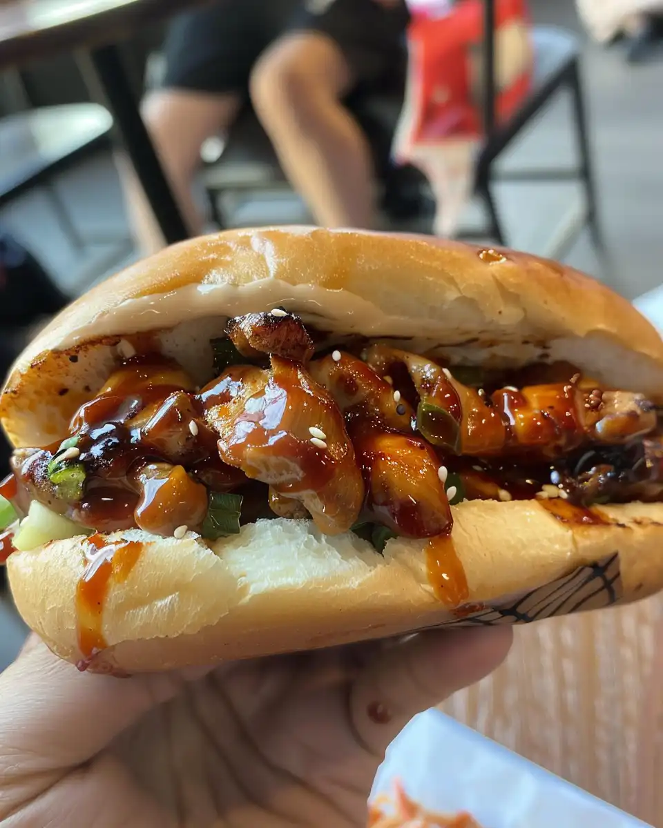 Assembled Korean BBQ chicken sandwich with spicy mayo and pickled cucumbers on bun