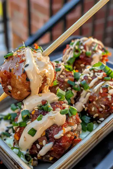 Korean BBQ Meatballs with Spicy Mayo Dip taken with iphone 15 pro max --iw 2 --ar 4:5 --v 6.0 --raw