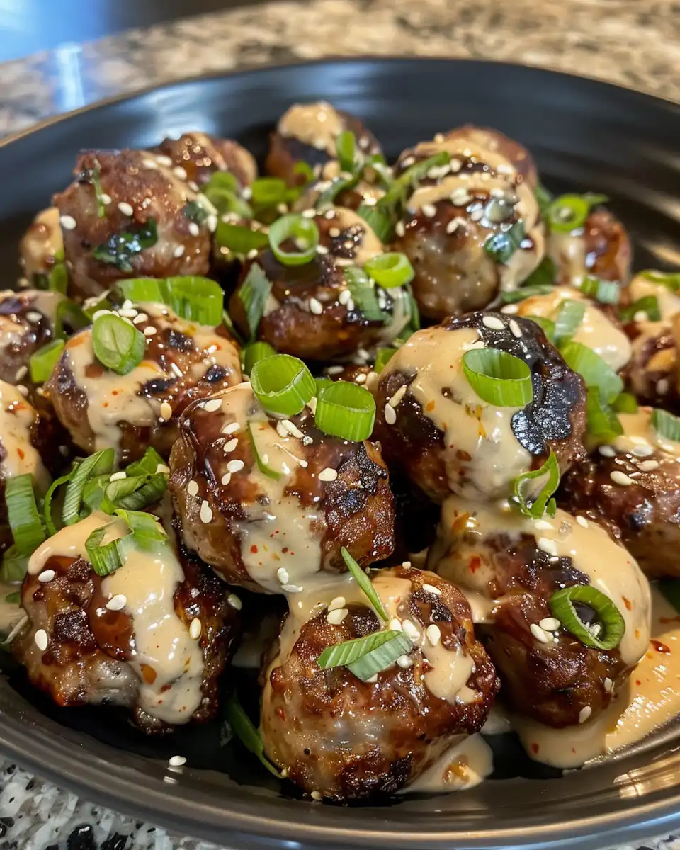 Plated Korean BBQ meatballs with spicy mayo dip ready to enjoy