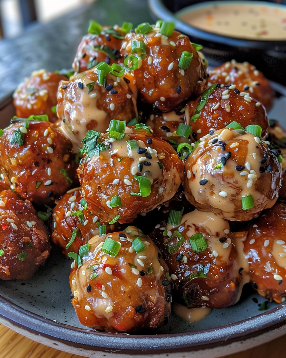 Close-up of Korean BBQ meatballs with spicy mayo dip in a bowl