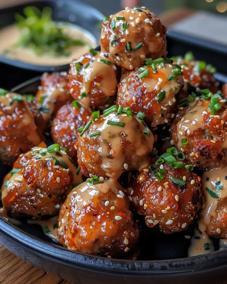 Served Korean BBQ meatballs with spicy mayo dip on a platter