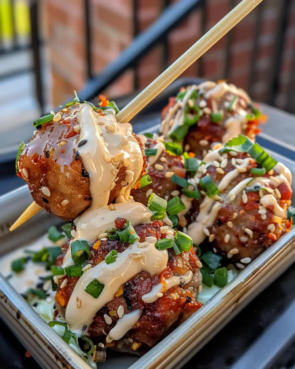 Korean BBQ meatballs cooking with spicy mayo dip