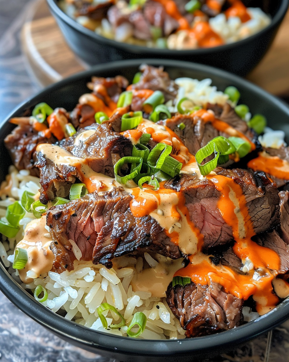 Sliced Korean BBQ steak arranged on cooked rice with sauce drizzled over