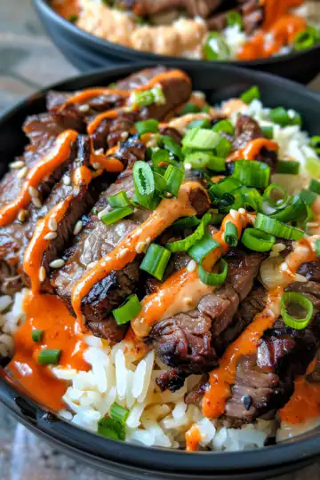 Korean BBQ Steak Rice Bowls with Spicy Cream Sauce taken with iphone 15 pro max --iw 2 --ar 4:5 --v 6.0 --raw